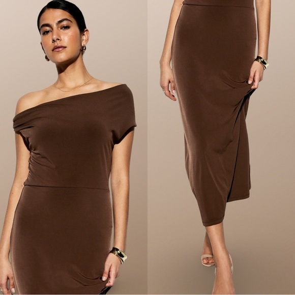 NWTS💓THE OCCASION M💓ELITE OLD NAVY LINE LUSTROUS SABLE ONE SHOULDER MIDI DRESS - Picture 4 of 16